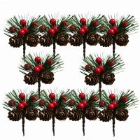 50Pcs Mini Simulation Christmas Pine Picks Stems Artificial Pine Needle Berry Plant for Xmas Party Home Decor