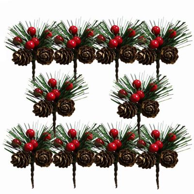 50Pcs Mini Simulation Christmas Pine Picks Stems Artificial Creative Pine Needle Berry Plant for Xmas Party Home Decor