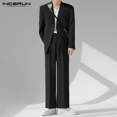 ✎ hnf531 INCERUN Mens Long Sleeve Lapel Outwear Plain Long Pants Casual Office 2 Pieces Sets Suit (Korean Style)