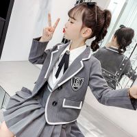 Girls Clothes Set Gray School Formal Western Suit Pleated Skirt For Uniforms For 4 5 6 7 8 9 10 11 12 Years Kids Girls Outfit