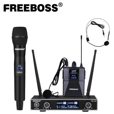 Freeboss FB-U35H Dual Way UHF Fixed Frequency Wireless Microphone System with Handheld Lapel Headset for Karaoke Microphone