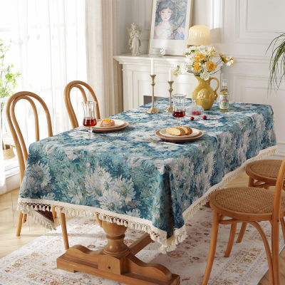 ผ้าปูโต๊ะสไตล์ภาพสีน้ำมันเหมาะสำหรับ4/6/8ที่นั่งโต๊ะรับประทานอาหาร Hiasan Kamar อยู่อาศัยผ้าปูโต๊ะดอกไม้สวยงามและผ้าปูโต๊ะชาพร้อมพู่ห้อยตกแต่งหู