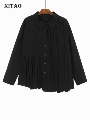 XITAO Shirt Loose Women Casual Folds Irregular Top