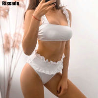 【CW】Riseado y Bikinis Set Ribbed Swimwear Women High Waist Swimsuit High Cut zilian Biquini 2022 Solid Ruffle Bathing Suits