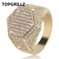 TOPGRILLZ Hip Hop Fashion Rings Copper Gold Silver Color Iced Out Bling Micro Pave Cubic Zircon Geometry Ring Charms For Men