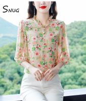 SNUG 2023ใหม่ฤดูใบไม้ร่วงแฟชั่นลายดอกไม้เสื้อชีฟองแขนพองลดอายุปกเชื้อราเสื้อสไตล์ต่างประเทศเสื้อเข้ารูปอเนกประสงค์