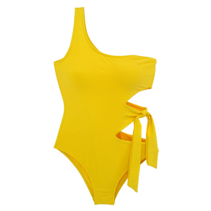พร้อมส่ง-ชุดว่ายน้ำหญิง-วันพีชสีเหลืองสดไหล่เดี่ยว-เว้าฟันปลาช่วงเอวมีดีเทลผูกโบว์เบาๆ-สดใส
