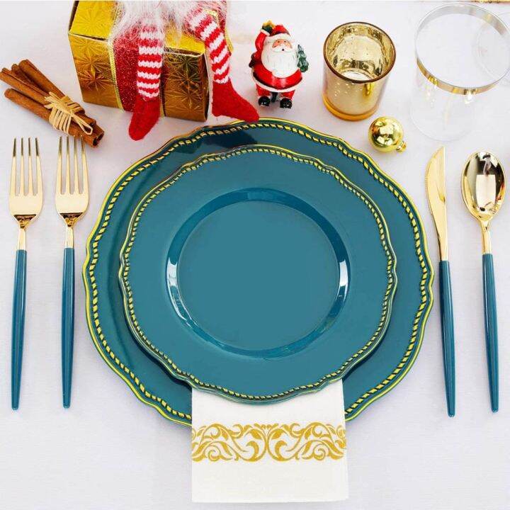 cw-70-disposable-tableware-plastic-plate-with-gold-rim-and-silverware-cup-napkin-set-wedding-supplies