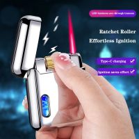 New Type-C Rechargeable Inflatable Windproof Roller Ignition Red Flame Lighter LED Lighted Visible Transom Cigarette Accessories