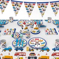 Party Supplies Childrens Construction Engineering Cars Disposable Tableware Set Paper Cup Banner Birthday Party Decorations