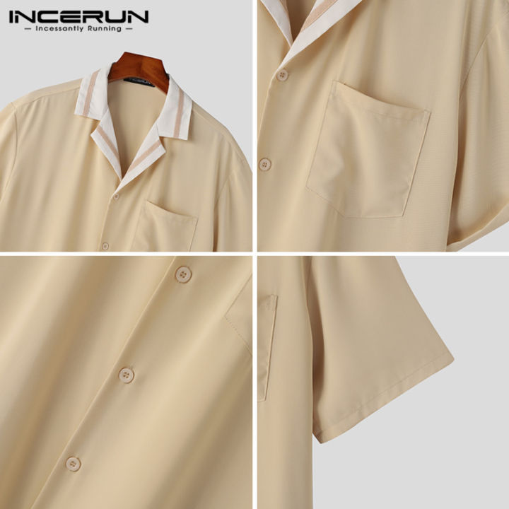 incerun-เสื้อเบลาส์ลำลองคอปกปกคอปกคอปกเสื้อเชิ้ตคาร์โก้สำหรับวันหยุดเสื้อออกกำลังกายแบบเข้ารูปสำหรับผู้ชายแบบหลวมๆผู้ชายแขนสั้น-สไตล์เกาหลี