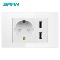 SRAN ปลั๊กอียูสองแก๊งพร้อม Usb พอร์ตเครื่องชาร์จ Usb คู่5V 2. 1A แผงแก้วคริสตัลสีขาว118มม. * 72มม. ปลั๊กไฟติดผนัง220V 16A