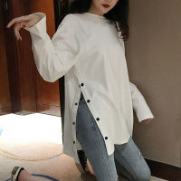 2022 spring Split Side Button White black Long Tshirt O-Neck Women shirts autumn Arrival Harajuku solid oversized T shirt tops