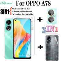 BLKNAIM(3in1) สำหรับ OPPO ที่ A78ฟิล์มกระจกนิรภัยใสแบบเต็มหน้าจอ + ฟิล์มเลนส์กล้องถ่ายรูป + ฟิล์มด้านหลังคาร์บอนไฟเบอร์3D