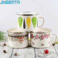 JINSERTA Vintage Enamel Bowl Printing Cup Thickened Home Kitchen Food Container Student Bowl with Lid