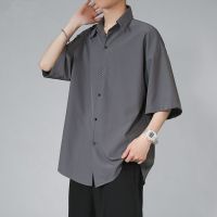 Ready❤ Summer Hong Kong Style Short Sleeve Mens Shirt Korean Casual INS Non-iron White Loose Thin Ice Silk Half Sleeve Shirts Top