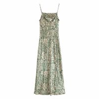 Tangada Fashion Green Flowers Print Strap Dresses for Women  Female Casual Long Dress 3H615