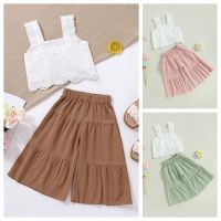 【Forever CY Baby】Girl Two Piece Outfits 2022 Summer Floral Lace Sleeveless Crop Tops Elastic Waist Solid Color Flared Pants Fashion Clothing Set