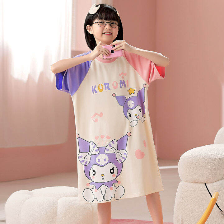 Kawaii Sanrioed Cinnamoroll Kuromi Girl Nightgowns Cotton Summer Short ...