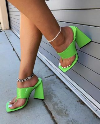 ∏ New Women Mules Slippers Wood grain Square Heels Pointed Toe Sexy Ladies Women Shoes Black Outside Slides Slippers