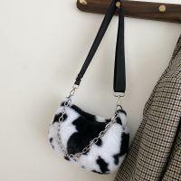 2021 New Winter Cow Print Shoulder Bags For Women Soft Plush Handbag Female Chain Bag Crossbody Warm Fur Fluffy Bag sac femme