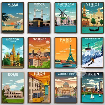 Travel Cities โปสเตอร์ภาพวาดผ้าใบของโรม,คู่,เนเธอร์แลนด์,มอสโก,ลอนดอน,นิวยอร์กและโตเกียว-Perfect Wall Art สำหรับตกแต่งบ้าน