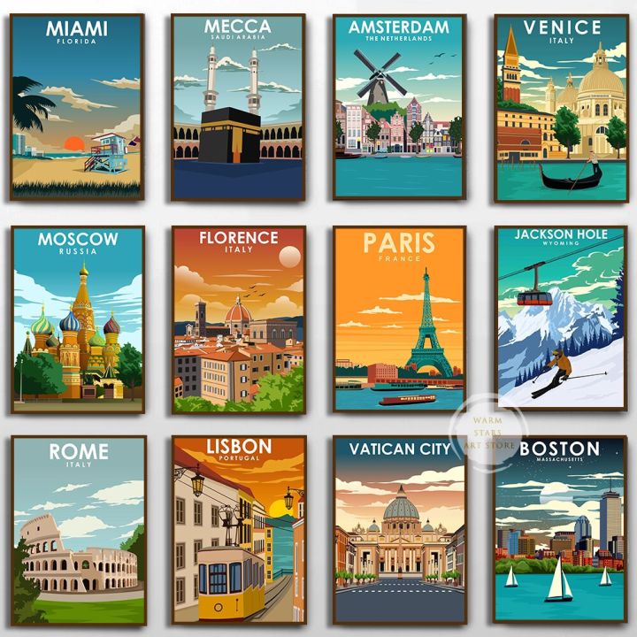 travel-cities-โปสเตอร์ภาพวาดผ้าใบของโรม-คู่-เนเธอร์แลนด์-มอสโก-ลอนดอน-นิวยอร์กและโตเกียว-perfect-wall-art-สำหรับตกแต่งบ้าน