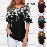 NEW Womens Fashion Off-Shoulder Short Sleeve T-Shirt Printed Round Neck Blouse Casual Tops Loose Plus Size