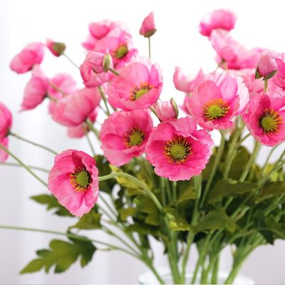 【CC】 4 Heads/branch flowers with leaves Artificial flower fleurs artificielles for party Decoration flores Poppies