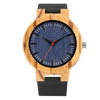 Red Seconds Blue Dial Zebrawood Men Quartz Wristwatch Genuine Leather Band Wooden Male Watch Vintage Stylish Man Clock Gift