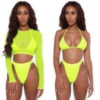 2022 Neon Yellow Crop Top Swimwear Women Summer Sexy Beachwear Mesh Long Sleeve Cover Ups Top Three Piece Swimsuit Bikini Set