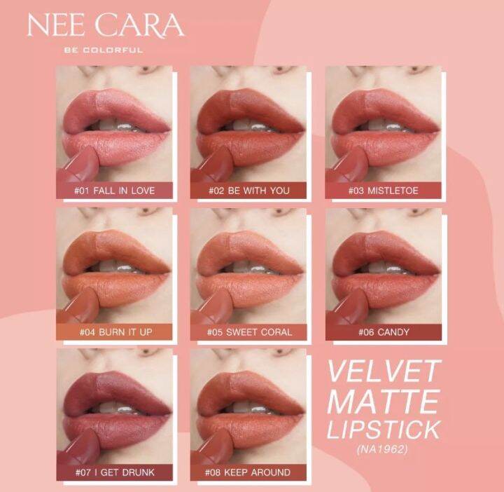 nee-cara-n-1962-04-ลิปสติกเนื้อเวลเวทแมท-นีคาร่าเบอร์-04-สีส๊มส้ม-ส้มสดๆเลยจร่า-เนื้อลิปสีติดดีติดทน-เนื้อเนียนเกลี่ยง่ายไม่เป็นคราบ