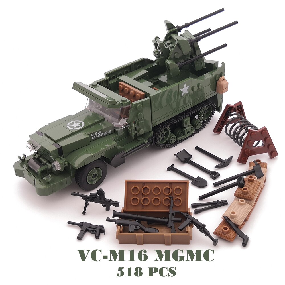 518pcs US M16 Anti-aircraft Truck Model Building Blocks with WW2 Soldier Figures 