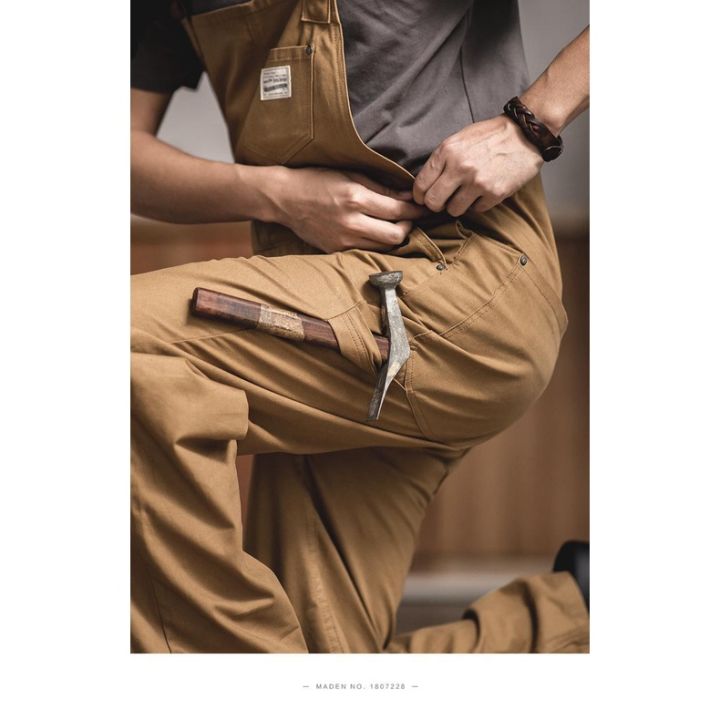 madenชุดจั๊มสูทช่างศิลปะสำหรับผู้ชาย-ชุดเอี๊ยมผ้าใบสีกากีเรโทรญี่ปุ่นกางเกงแรงงานอเมริกัน