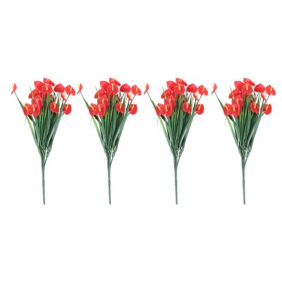 4 Bunches Artificial Fake Flowers Faux Anthurium Plants Plastic Shrubs Bushes Greenery Indoor Outside Hanging Planter Home Decorations