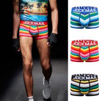 [FO] Jockmail กางเกงบ็อกเซอร์ เอวต่ํา ไร้รอยต่อ ระบายอากาศ พิมพ์ลายทาง สีรุ้ง สําหรับผู้ชาย ddf