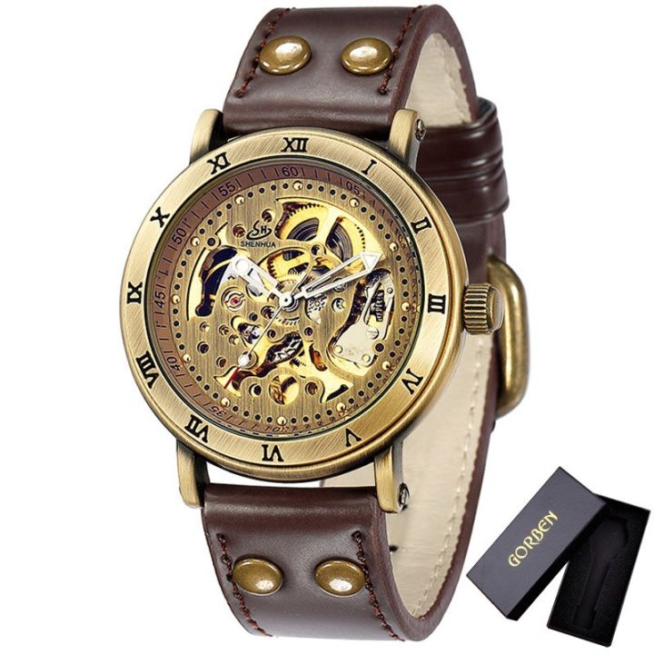 นาฬิกาข้อมือสำหรับผู้ชายโครงอัตโนมัติโบราณสตีมพังค์วินเทจบรอนซ์สแตนเลสนาฬิกาข้อมือกลไกผู้ชายหรูหรา