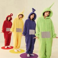 （ร้อน） Teletubbies เครื่องแต่งกายคอสเพลย์ชุดนอนตลก Tinky Winky ผู้ใหญ่ชุดนอนนุ่มแขนยาวชุดนอน Jumpsuit ปาร์ตี้คริสต์มาสคอสเพลย์