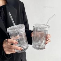 ✶ 390Ml Simple Stripe Glass Straw Cup Transparent Beer Can Milk Coffee Cups with Lid Tea Cup Breakfast Mug Wedding Gifts Dropship