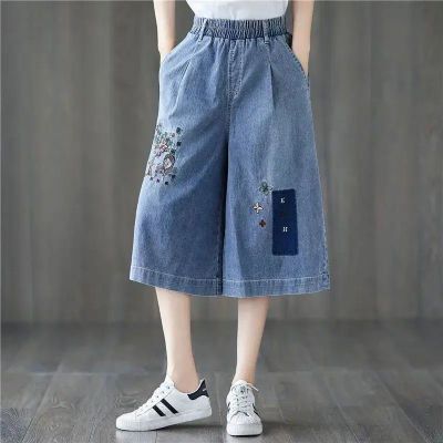 【มีไซส์ใหญ่】Summer New Ethnic Style Embroidery Art Capris Denim Wide Leg Pants High Waist Slim Thin Large Jeans Women 301T0776