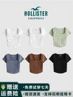 11♠Hollister เสื้อยืดลายกระดูกปลานางนวลขนาดเล็ก,เอวเล็กแขนสั้นแบบบางเสื้อยืดเกาะอกผู้หญิงปกสะดือ