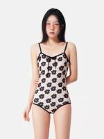 [พร้อมส่งค่ะ]Daisy Onepiece Swimsuitชุดว่ายน้ำผู้หญิง วันพีชลายดอกเดซี่ สีน้ำตาลครีม เว้าหลัง