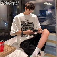 TIDE BEAR เสื้อยืดคอกลมแขนสั้นเสื้อยืดแขนสั้นย้อนยุคชายเสื้อแขนสั้นการ์ตูนแขนสั้นทรงหลวมแนวสตรีทไซส์ใหญ่