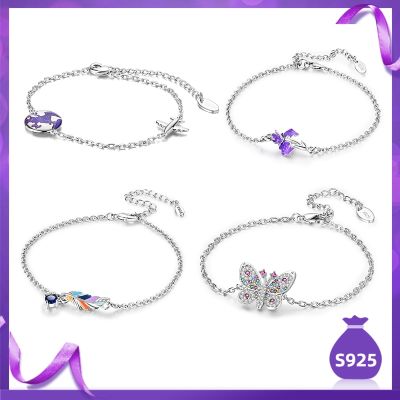 925 Silver Adjustable Bracelet For Women Airplane Butterfly Bracelets Bohemian Colorful feathers Jewelry Chain Lenght 17-20.5cm