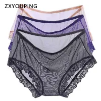 Big Size Sexy Women Lace Briefs Full Transparent Lingerie Female Ultra-Thin Mesh Breathable Women Underwear Mid Waist