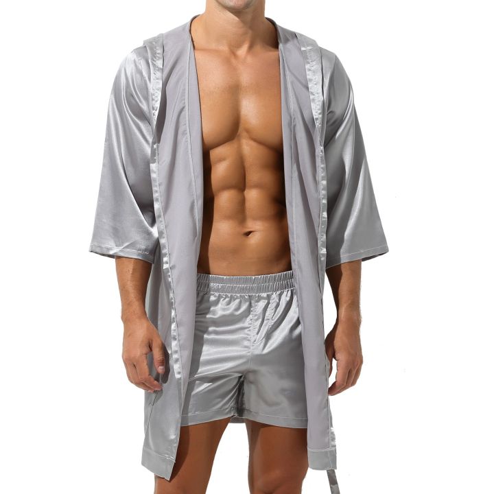 เสื้อคลุมอาบน้ำแบบมีหมวกชุดนอนผู้ชายแขนสั้นชุดกางเกงขาสั้นสำหรับผู้ชาย,ชุดนอนผ้าไหมชุดคลุมอาบน้ำกิโมโน Baju Tidur Satin ชุดใส่ในฤดูร้อน