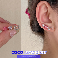 ชุดเครื่องประดับ COCOJEWELRY ต่างหูแมว3ชิ้น/ลูกบอลคริสตัลสีชมพูสไตล์เกาหลีน่ารักแพ้ง่ายสำหรับผู้หญิง