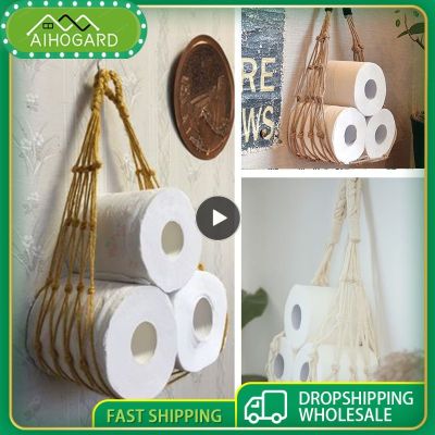 New Toilet Roll Paper Storage Holder Hand Woven Roll Paper Cotton Rope Net Pocket Wall Hanging Paper Sundries Shelf Home Decor