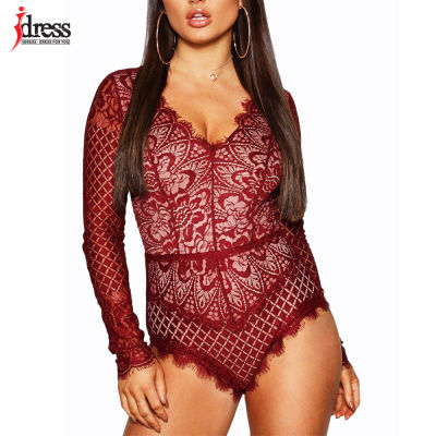 iDress  New Red Black White One Piece Body Jumpsuit Romper Women Sexy Bodysuit Overalls for Women Long Sleeve Lace Bodysuit