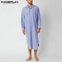 INCERUN Man Fashion Long Style Homewear Robes Hombre2022 Leisure Mens Bathrobes Striped Long Sleeve Lapel Neck Nightgown S-5XL 7